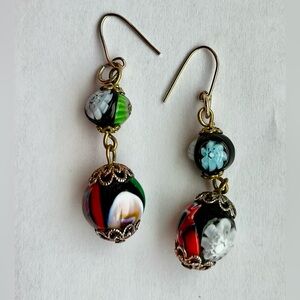 Earrings, millefiori Italian glass beads, (VGUC) gold tone - jewelry